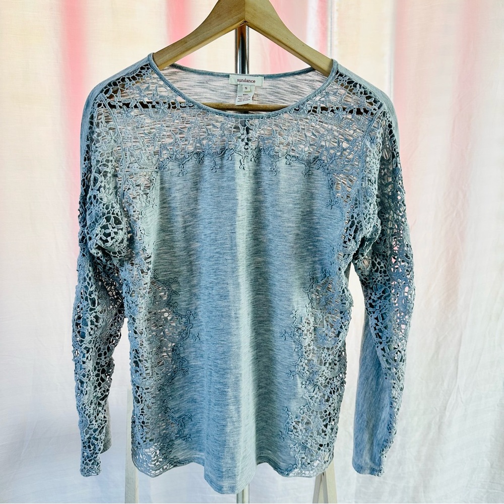 Sundance Gray Lace Long Sleeve Top Size Small Lovelier Days Tee